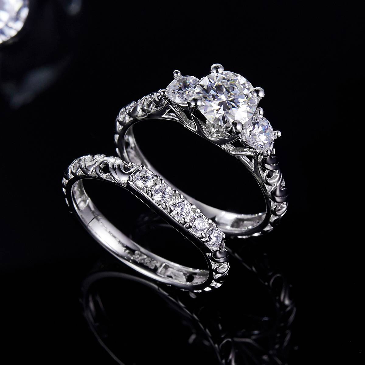 三生三世奢华女戒S925银镀白金主副套戒叠戴定制主石莫桑钻1.0ct/副石高碳钻