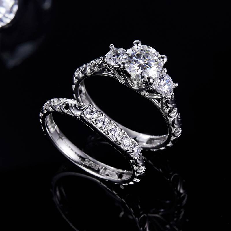三生三世奢华女戒S925银镀白金主副套戒叠戴定制主石莫桑钻1.0ct/副石高碳钻