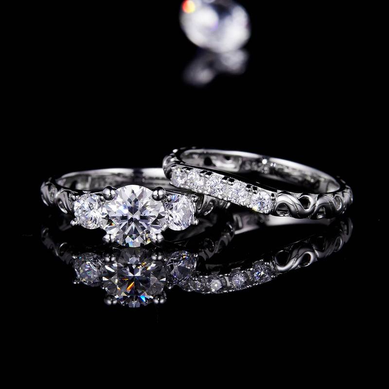 三生三世奢华女戒S925银镀白金主副套戒叠戴定制主石莫桑钻1.0ct/副石高碳钻