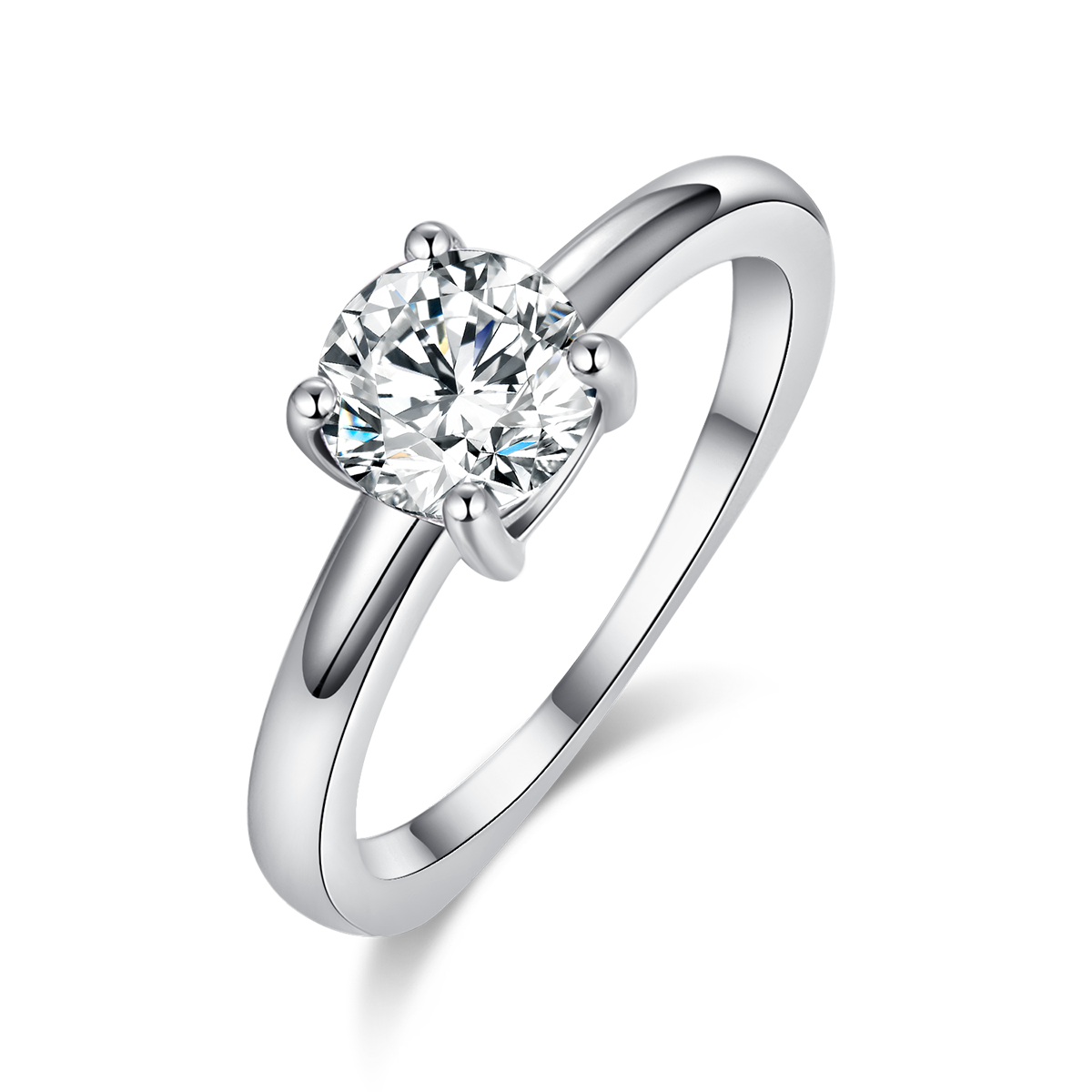 时尚经典四爪女戒S925银镀白金定制主石莫桑钻1.0ct/副石高碳钻