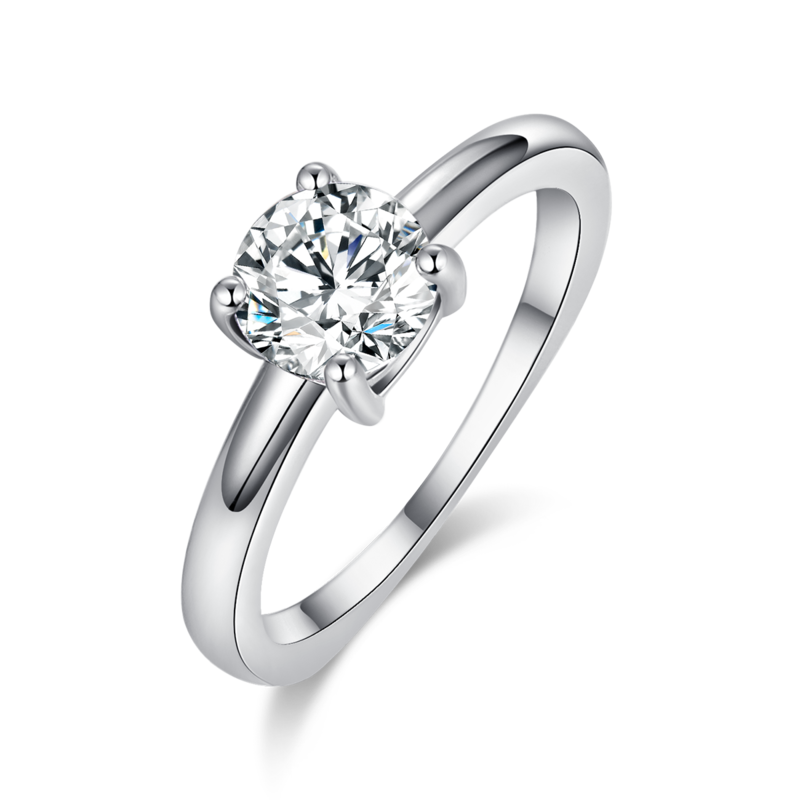 时尚经典四爪女戒S925银镀白金定制主石莫桑钻1.0ct/副石高碳钻