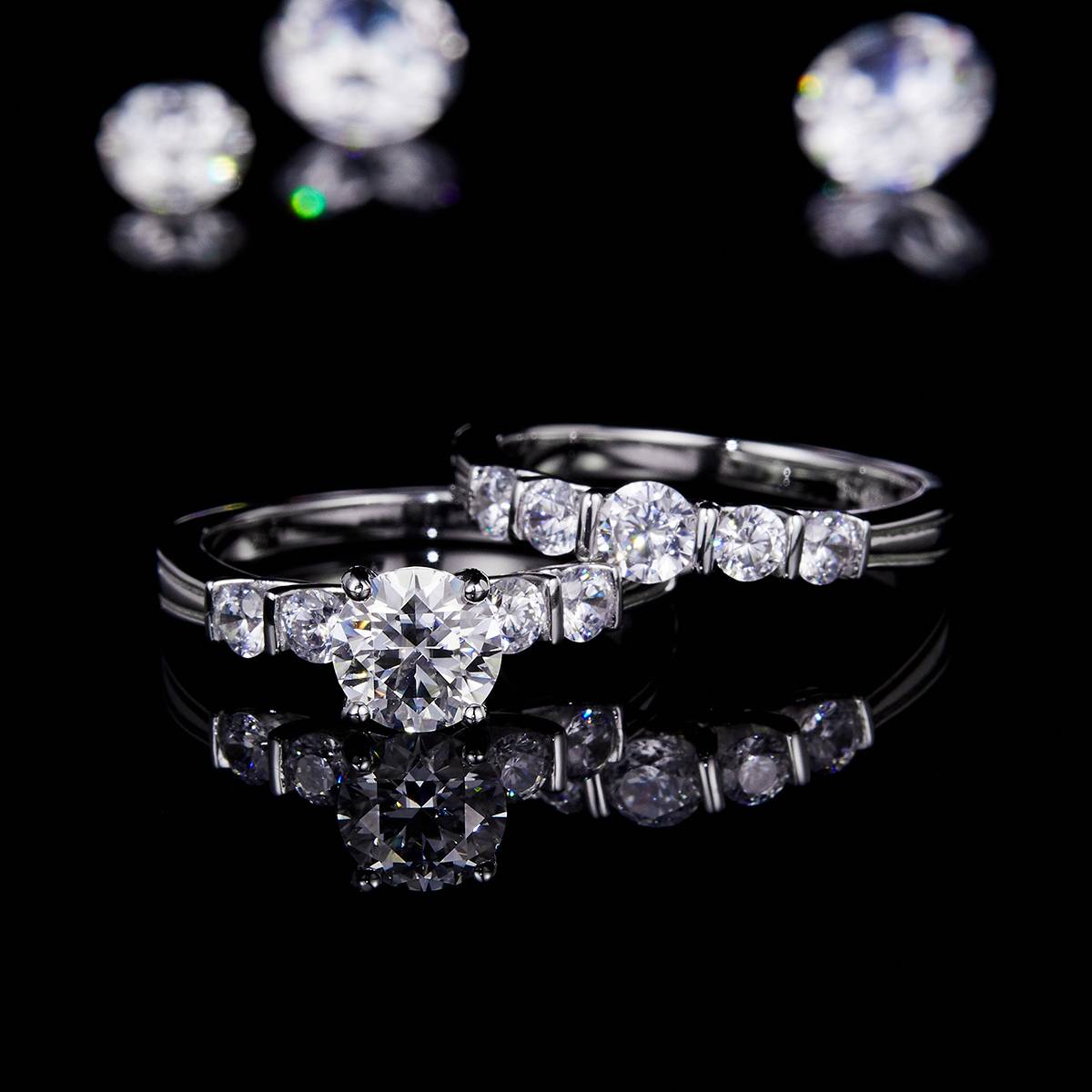 简约时尚满钻女戒S925银镀白金主副套戒叠戴定制主石莫桑钻1.0ct/副石高碳钻