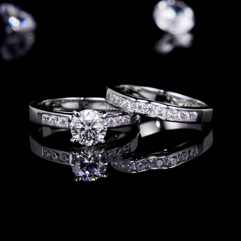 Light Luxury Four Claw Women's Ring S925 Silver Plated Platinum Primary and Secondary Set Ring Stacked Customized Main Stone Moissanite Diamond 1.0ct/Secondary Stone High Carbon Diamond