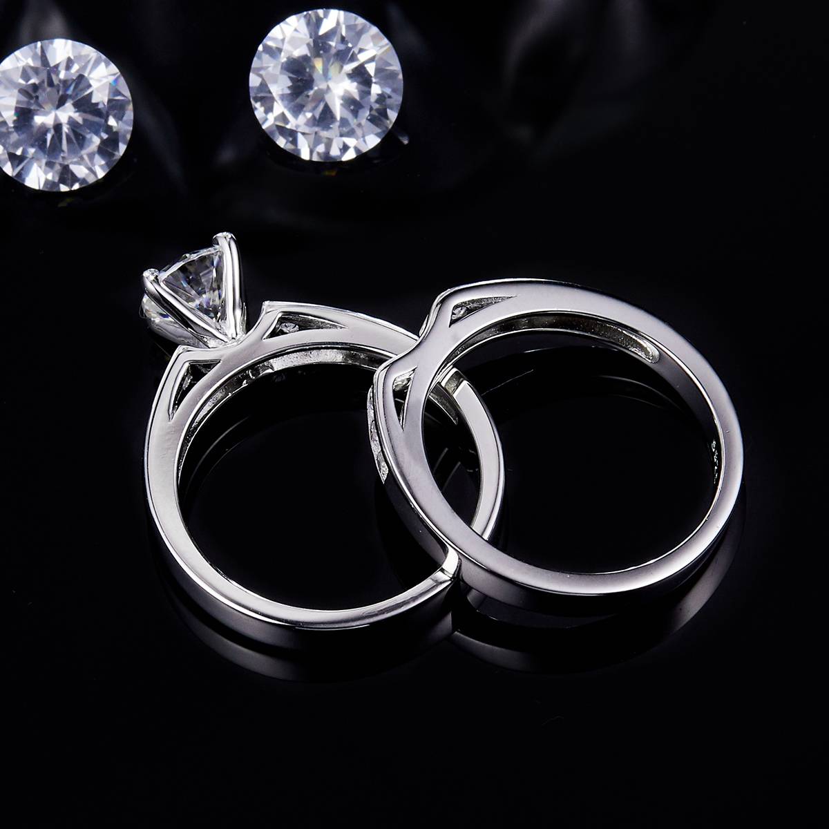 Light Luxury Four Claw Women's Ring S925 Silver Plated Platinum Primary and Secondary Set Ring Stacked Customized Main Stone Moissanite  1.0ct/Secondary Stone High Carbon Diamond