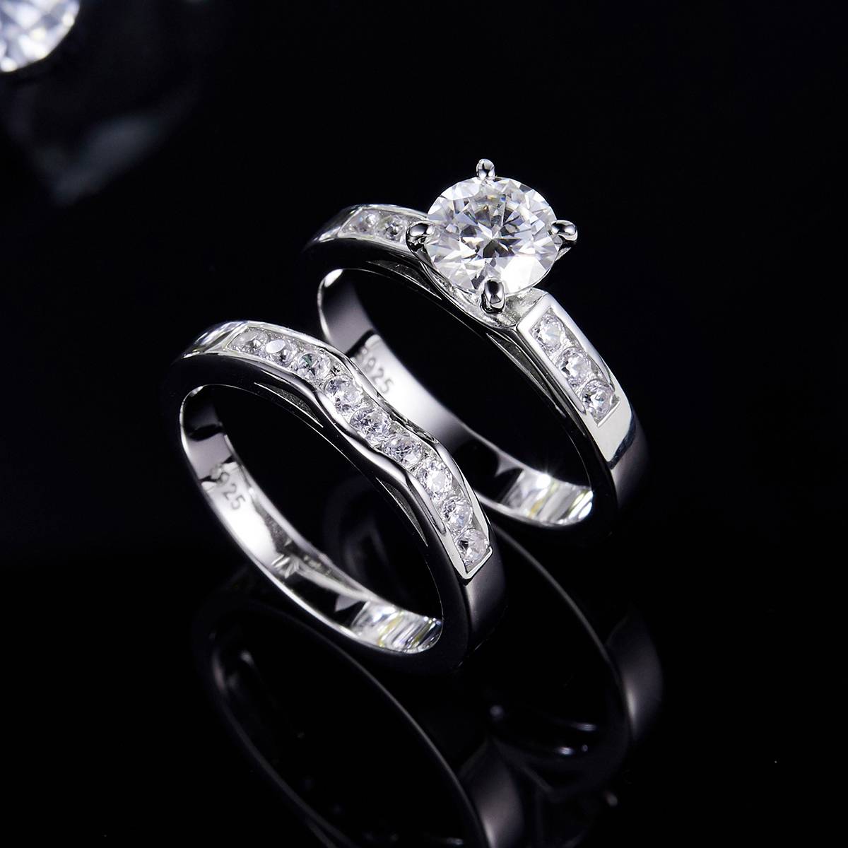 Light Luxury Four Claw Women's Ring S925 Silver Plated Platinum Primary and Secondary Set Ring Stacked Customized Main Stone Moissanite  1.0ct/Secondary Stone High Carbon Diamond