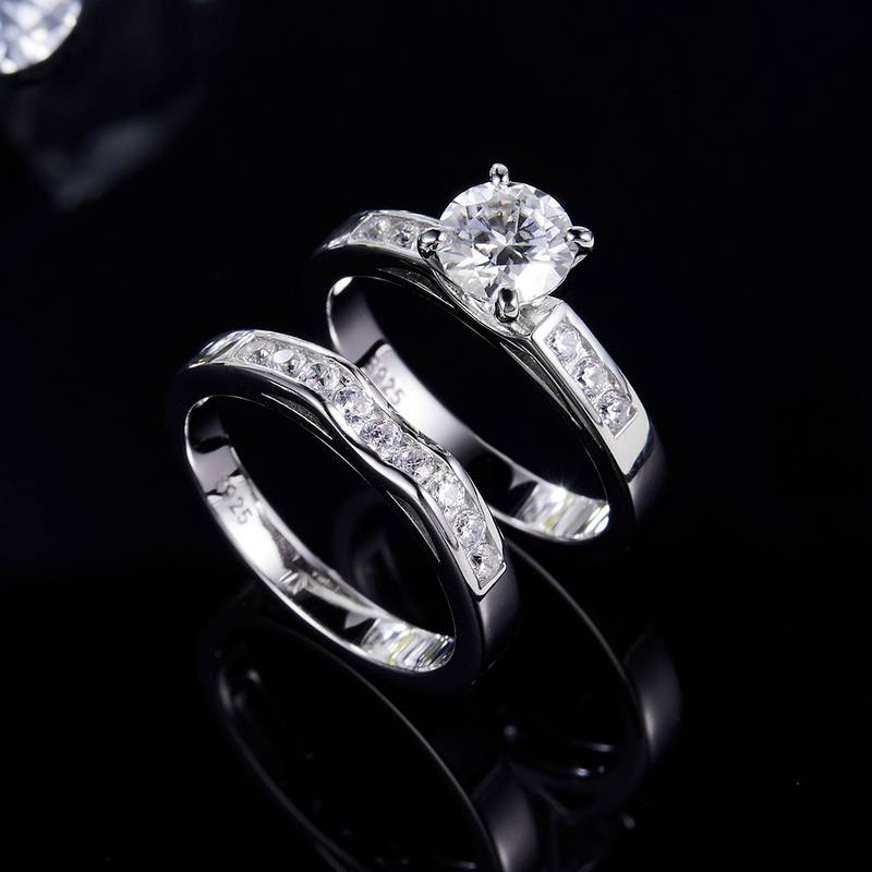 Light Luxury Four Claw Women's Ring S925 Silver Plated Platinum Primary and Secondary Set Ring Stacked Customized Main Stone Moissanite Diamond 1.0ct/Secondary Stone High Carbon Diamond