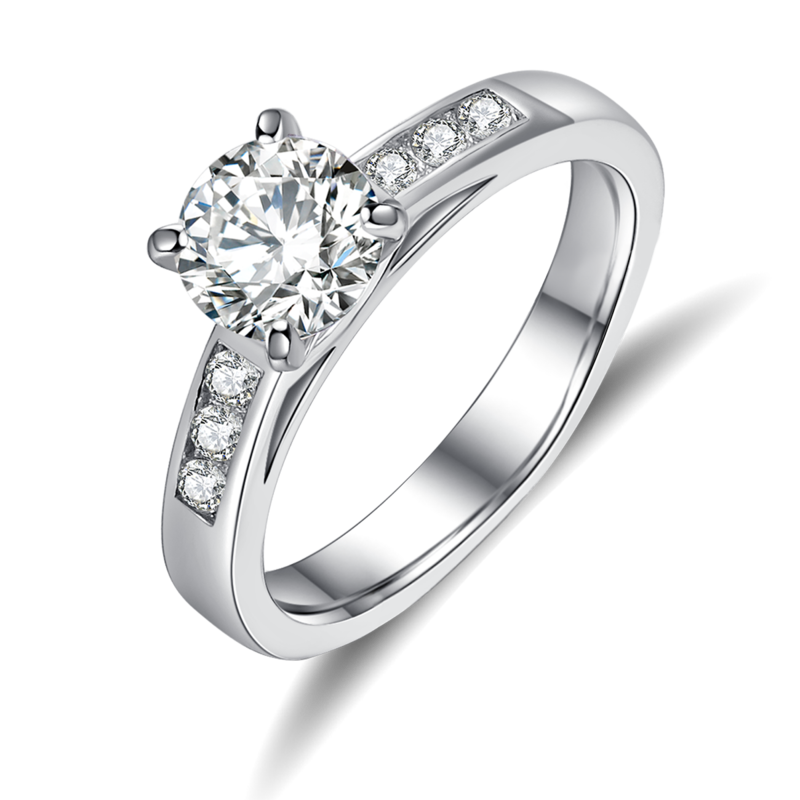 Light Luxury Four Claw Women's Ring S925 Silver Plated Platinum Primary and Secondary Set Ring Stacked Customized Main Stone Moissanite Diamond 1.0ct/Secondary Stone High Carbon Diamond