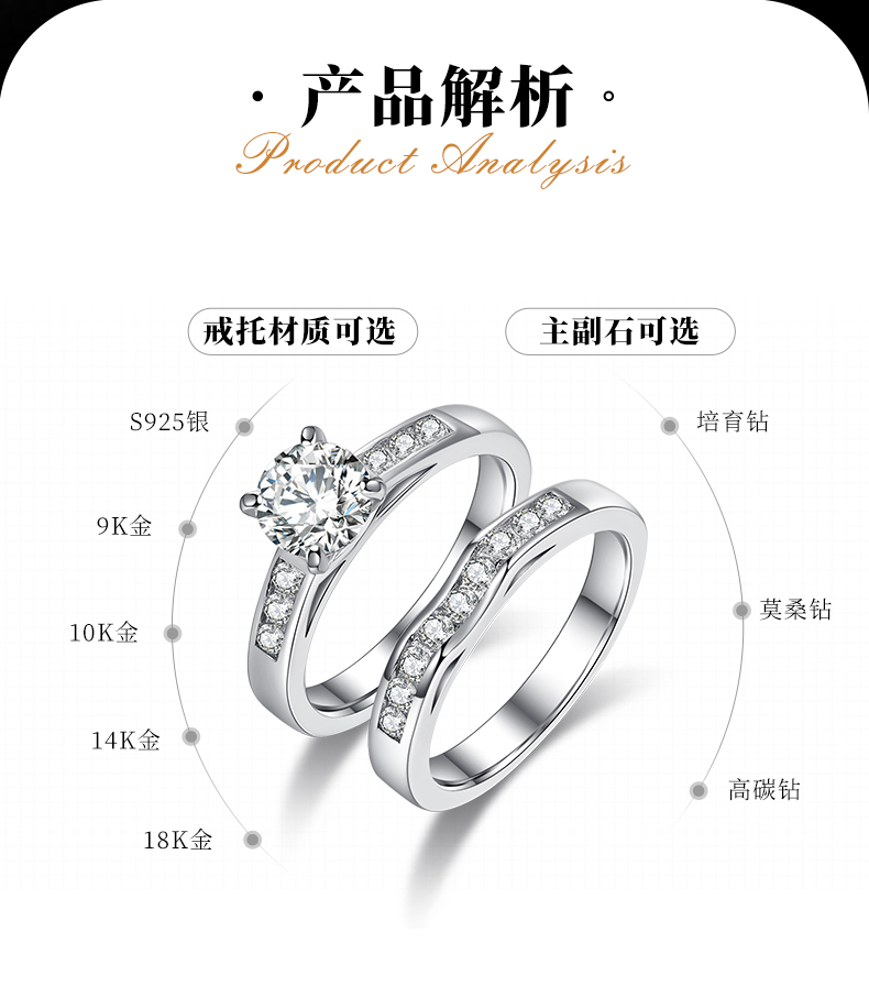 轻奢四爪女戒S925银镀白金主副套戒叠戴定制主石莫桑钻1.0ct/副石高碳钻 - 2