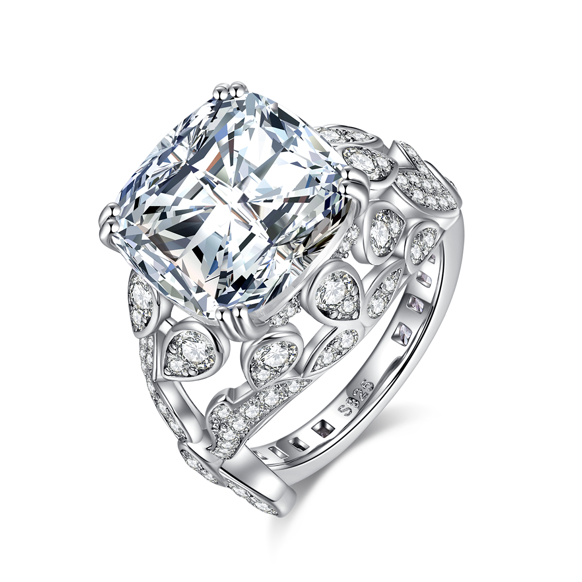 Hollow pattern luxury inlaid women's ring S925 silver plated white gold customized main stone moissanit  9.0ct/secondary stone high carbon diamond