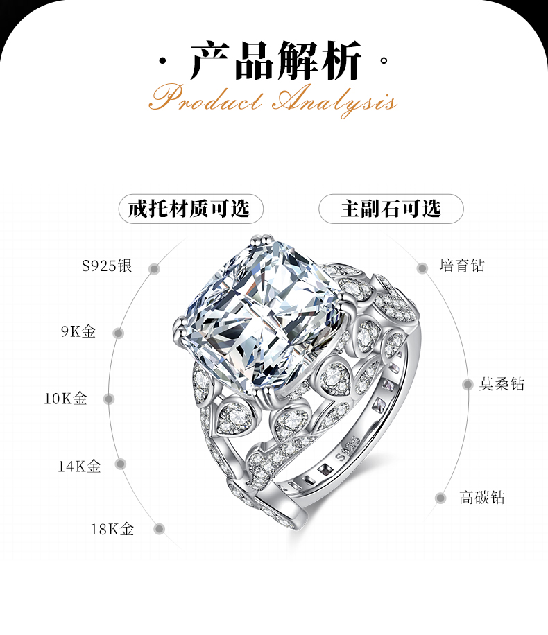 镂空花纹豪镶女戒S925银镀白金定制主石莫桑钻9.0ct/副石高碳钻 - 2