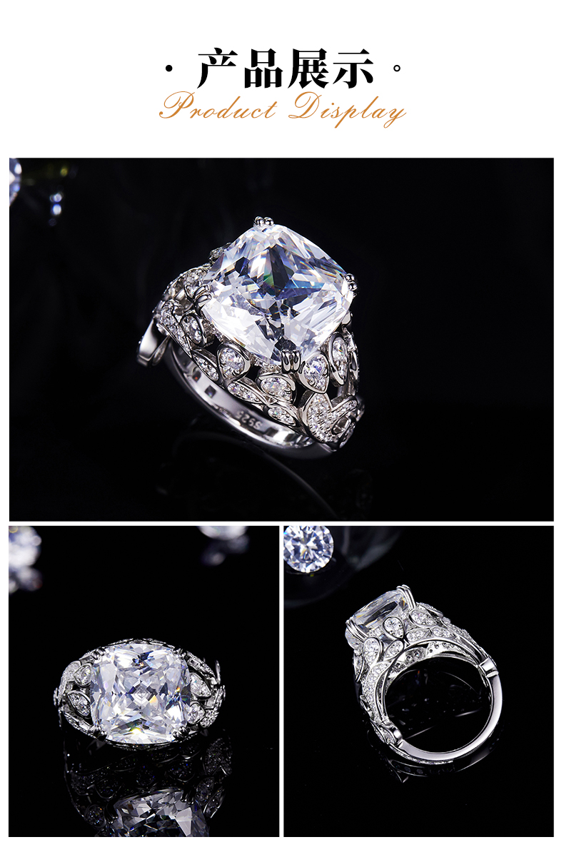 镂空花纹豪镶女戒S925银镀白金定制主石莫桑钻9.0ct/副石高碳钻 - 3