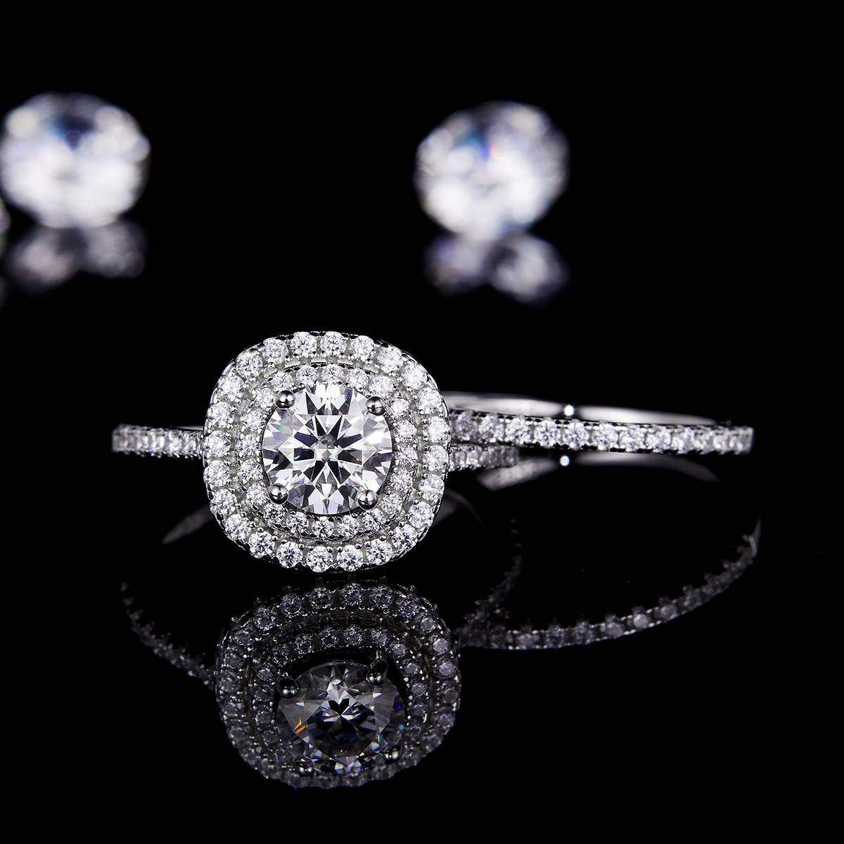Fashion Luxury Round Bag Women's Ring S925 Silver Plated Platinum Primary and Secondary Set Ring Stacking Customized Main Stone Moissanite  1.0ct/Secondary Stone High Carbon Diamond