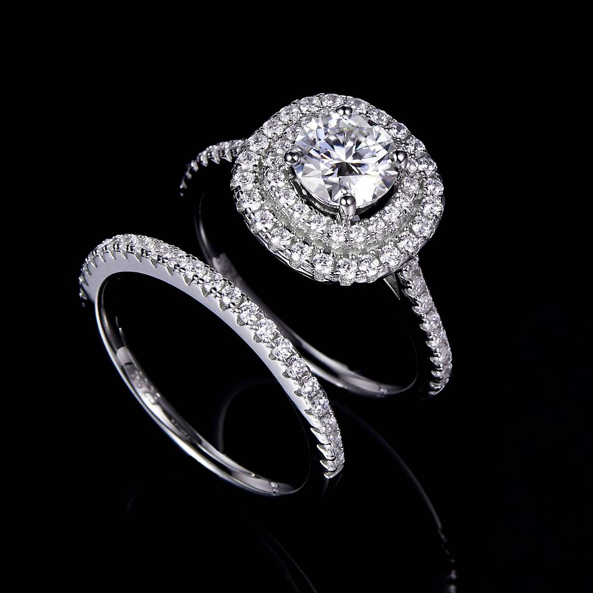 Fashion Luxury Round Bag Women's Ring S925 Silver Plated Platinum Primary and Secondary Set Ring Stacking Customized Main Stone Moissanite  1.0ct/Secondary Stone High Carbon Diamond