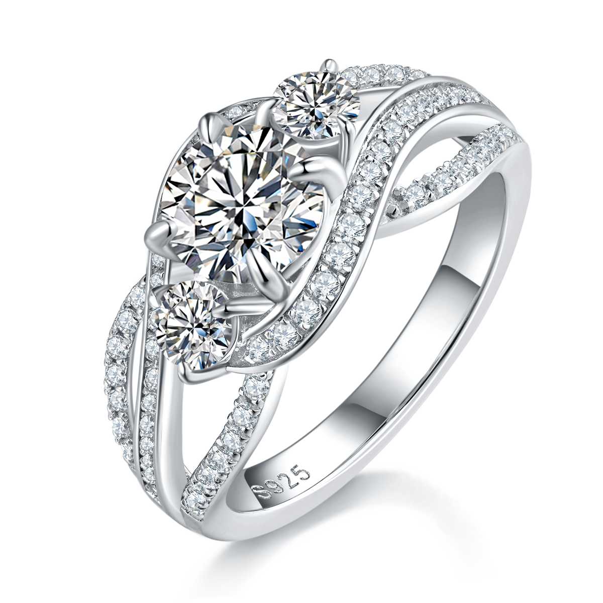 Exaggerated Twisted Arm Cross Women's Ring S925 Silver Plated Platinum Primary and Secondary Set Ring Stacking Customized Main Stone Moissanite  1.0ct/Secondary Stone High Carbon Diamond
