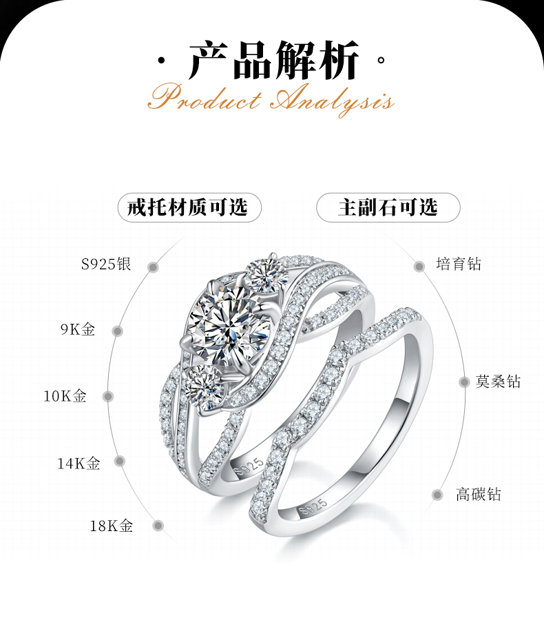 圆形镶钻夸张扭臂交叉女戒S925银镀白金主副套戒叠戴定制主石莫桑钻1.0ct/副石高碳钻 - 2