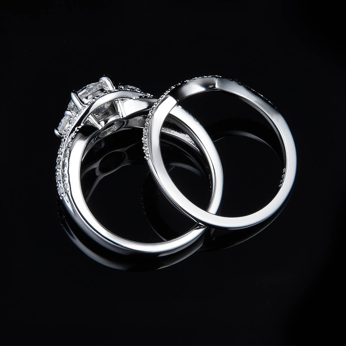 个性双层交叉女戒S925银镀白金主副套戒叠戴定制主石莫桑钻1.0ct/副石高碳钻