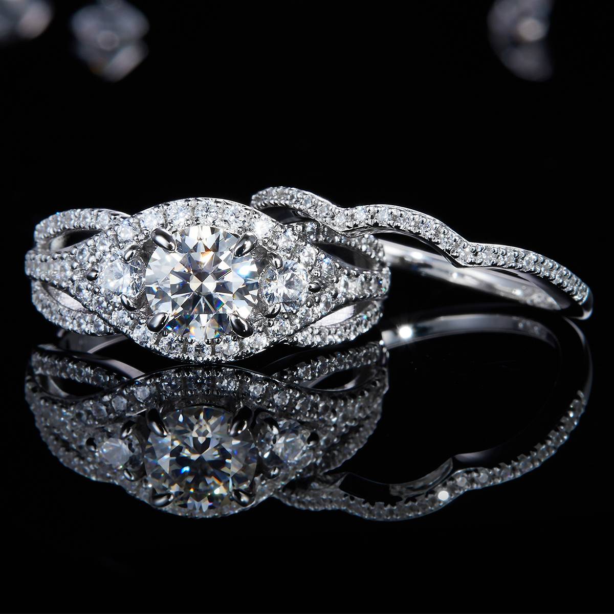 个性双层交叉女戒S925银镀白金主副套戒叠戴定制主石莫桑钻1.0ct/副石高碳钻