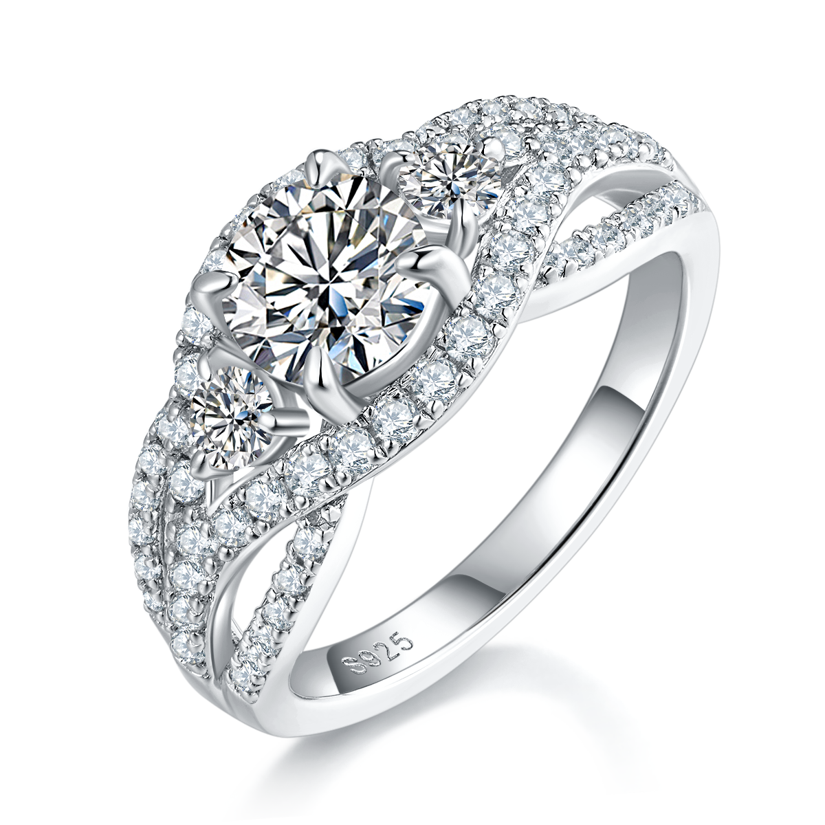 个性双层交叉女戒S925银镀白金主副套戒叠戴定制主石莫桑钻1.0ct/副石高碳钻