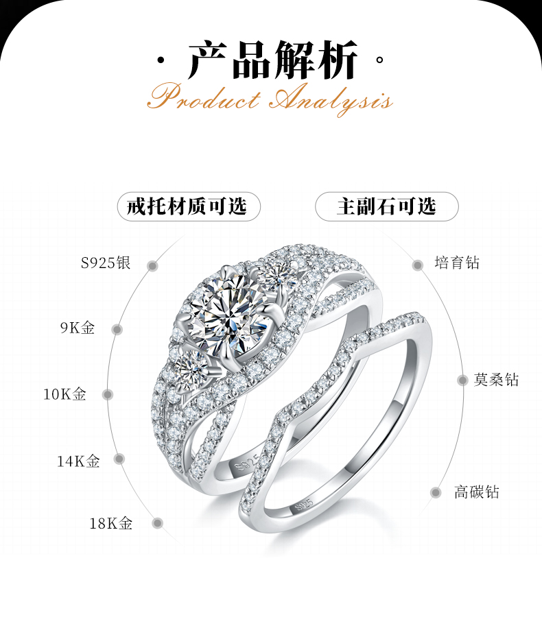 个性双层交叉女戒S925银镀白金主副套戒叠戴定制主石莫桑钻1.0ct/副石高碳钻 - 2