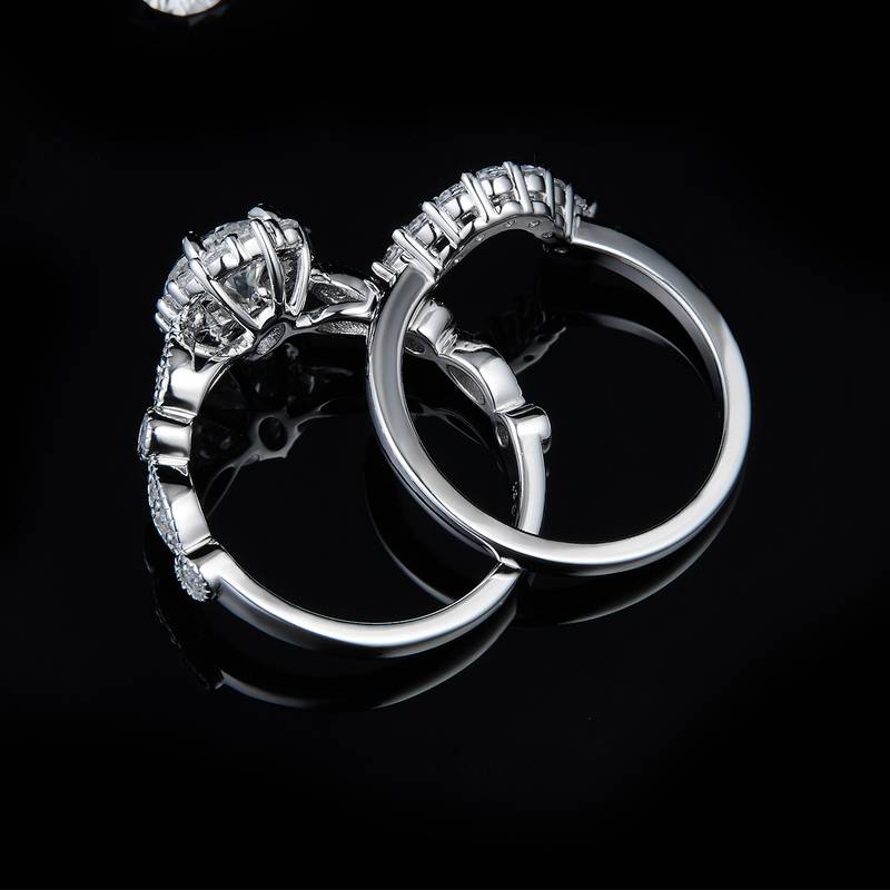花形围钻女戒S925银镀白金主副套戒叠戴定制主石莫桑钻1.0ct/副石高碳钻