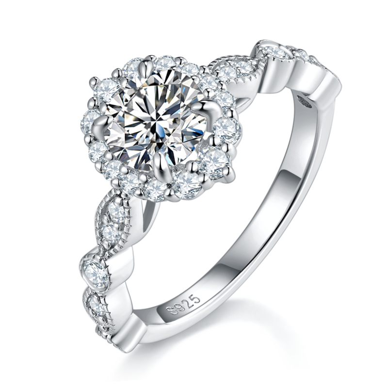 花形围钻女戒S925银镀白金主副套戒叠戴定制主石莫桑钻1.0ct/副石高碳钻