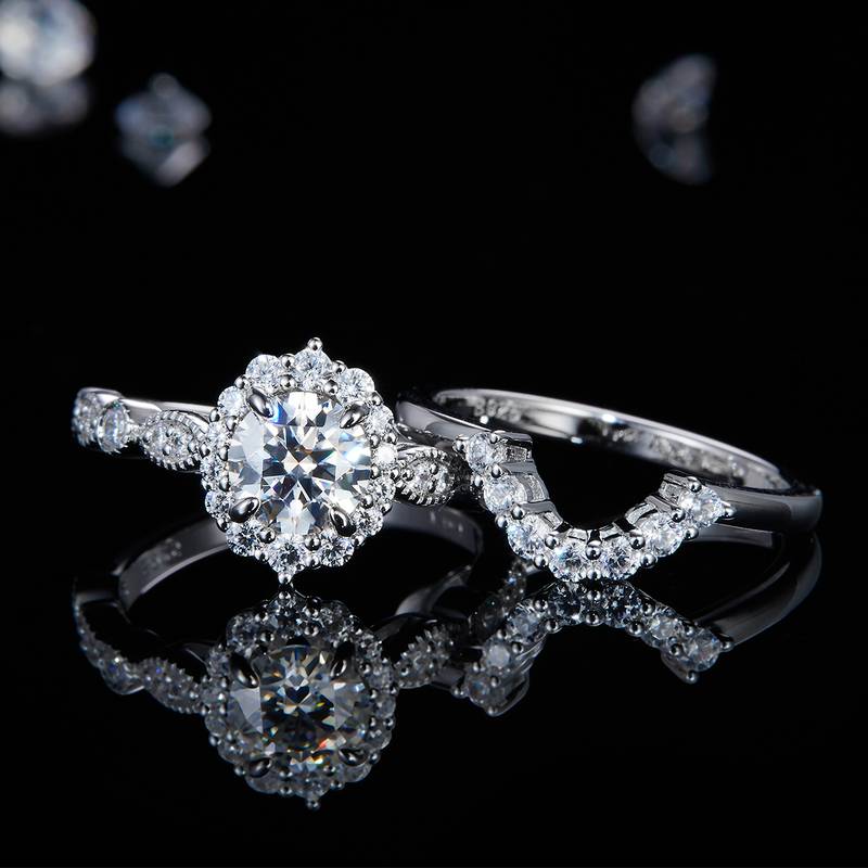 花形围钻女戒S925银镀白金主副套戒叠戴定制主石莫桑钻1.0ct/副石高碳钻