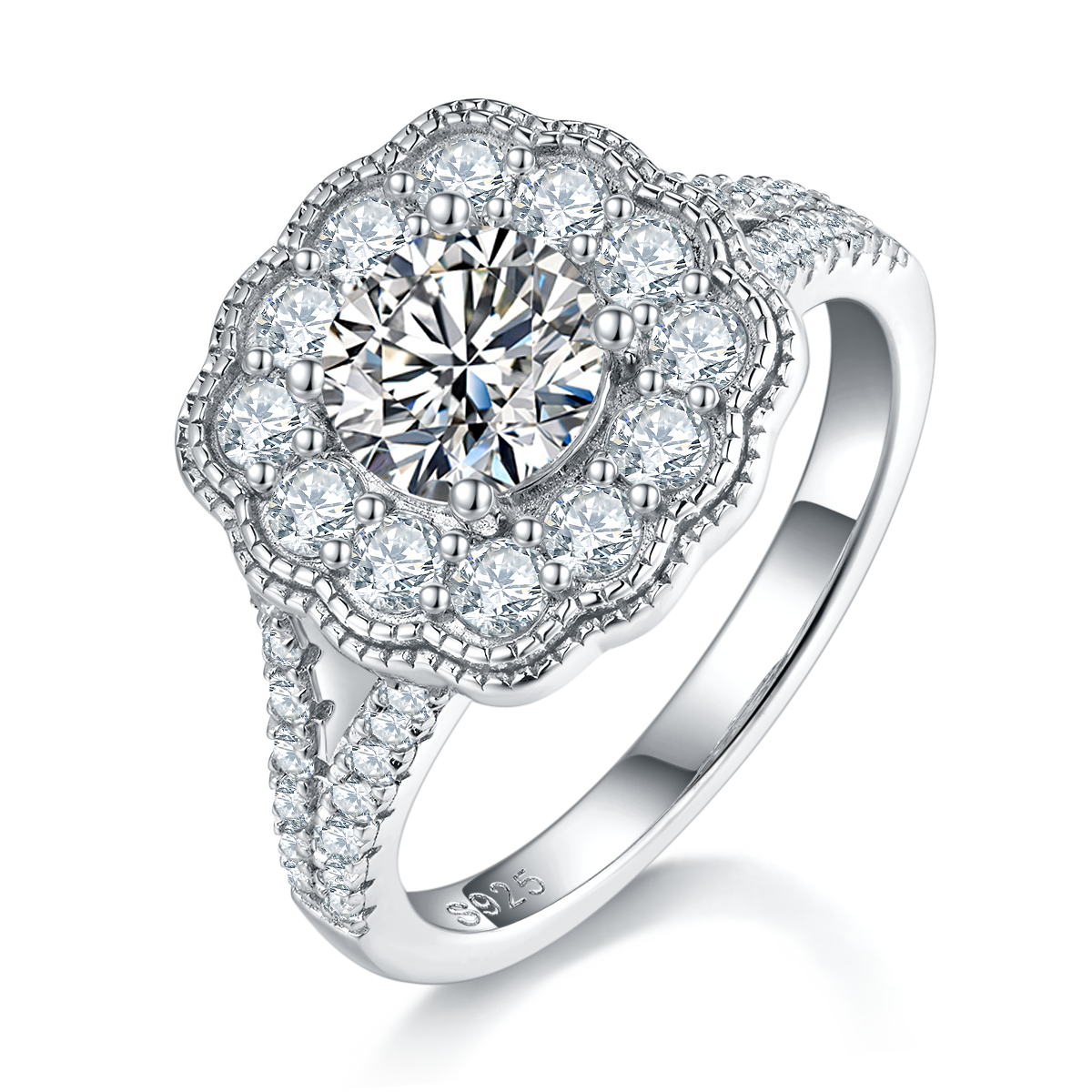 Deluxe Double layered Flower Women's Ring S925 Silver Plated Platinum Primary and Secondary Set Ring Stacked Customized Main Stone Moissanite  1.0ct/Secondary Stone High Carbon Diamond