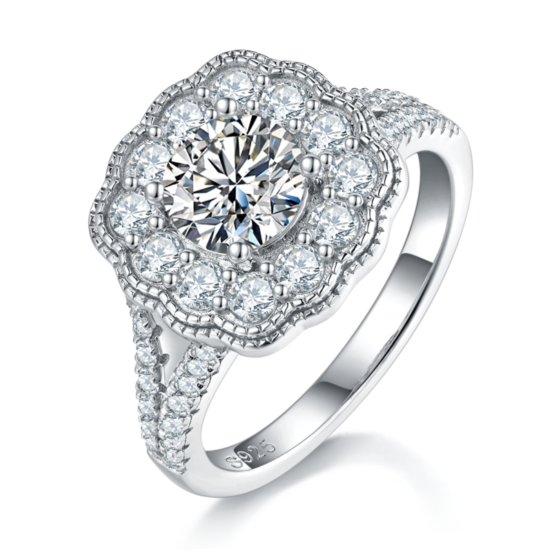 Deluxe Double layered Flower Women's Ring S925 Silver Plated Platinum Primary and Secondary Set Ring Stacked Customized Main Stone Moissanite Diamond 1.0ct/Secondary Stone High Carbon Diamond