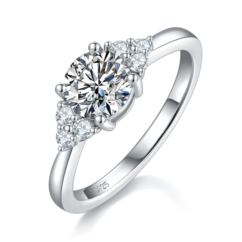 Sansheng Stone Four Claw Women's Ring S925 Silver Plated Platinum Primary and Secondary Set Ring Stacking Customized Main Stone Moissanite Diamond 1.0ct/Secondary Stone High Carbon Diamond
