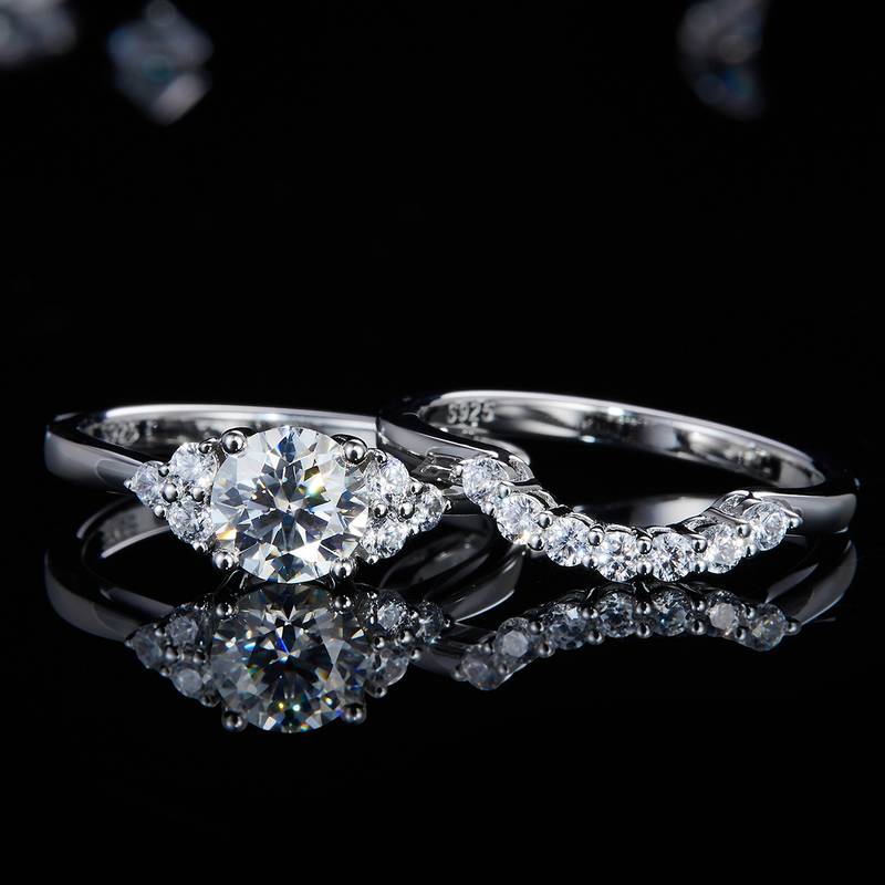 Sansheng Stone Four Claw Women's Ring S925 Silver Plated Platinum Primary and Secondary Set Ring Stacking Customized Main Stone Moissanite Diamond 1.0ct/Secondary Stone High Carbon Diamond