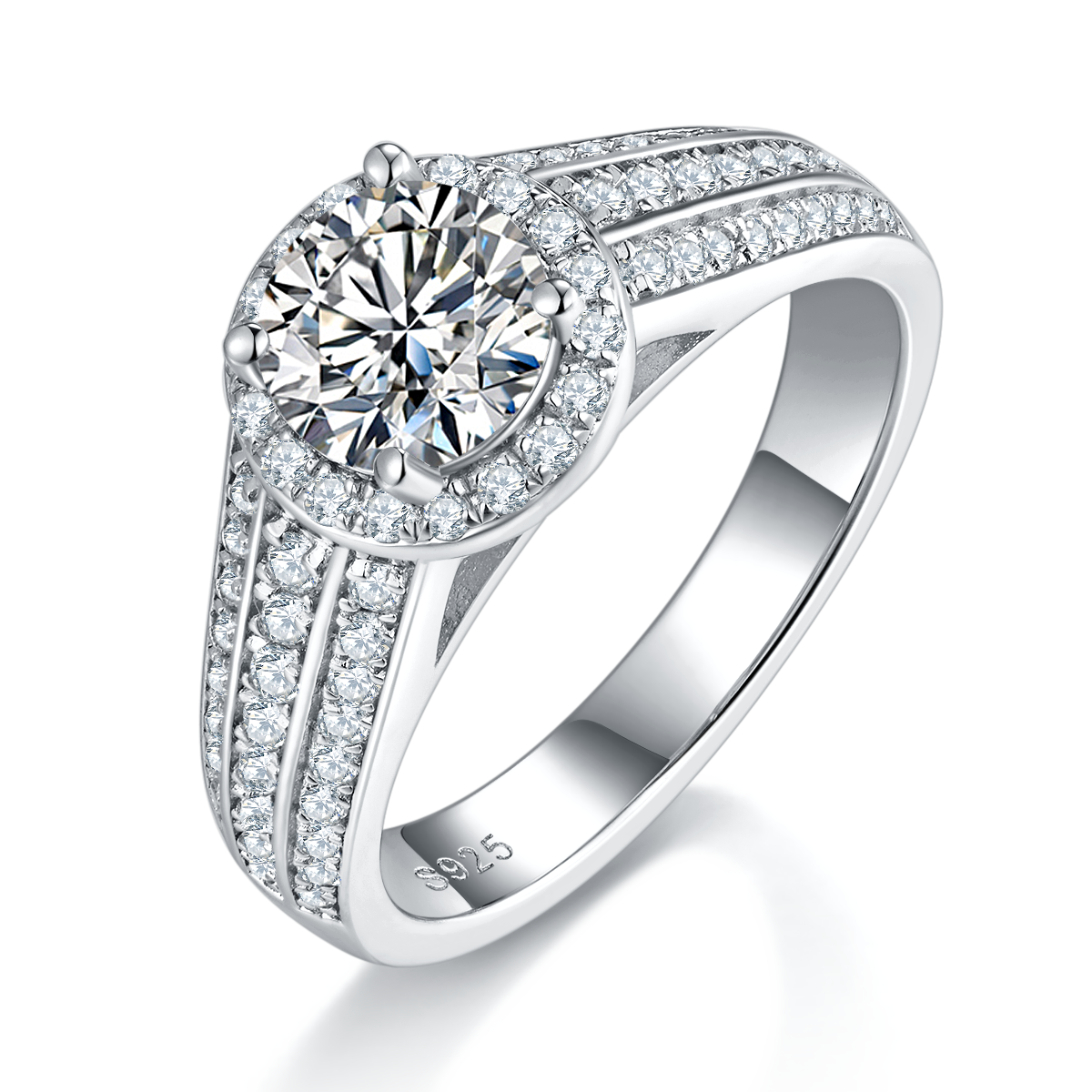 Luxury high-end round bag women's ring S925 silver plated platinum main and secondary sets of rings, stacked and customized main stone moissanite  1.0ct/secondary stone high carbon diamond