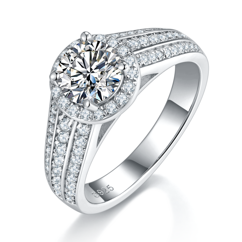 Luxury high-end round bag women's ring S925 silver plated platinum main and secondary sets of rings, stacked and customized main stone moissanite diamond 1.0ct/secondary stone high carbon diamond