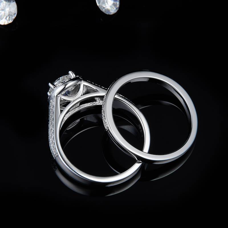 Luxury high-end round bag women's ring S925 silver plated platinum main and secondary sets of rings, stacked and customized main stone moissanite diamond 1.0ct/secondary stone high carbon diamond