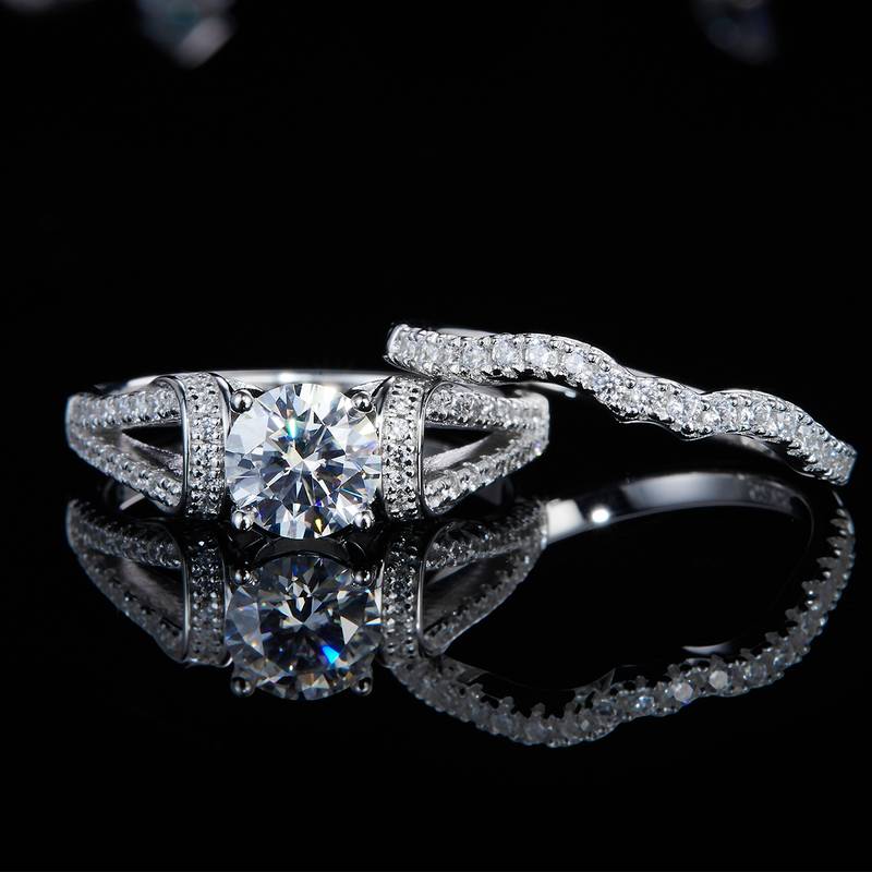 轻奢四爪女戒S925银镀白金主副套戒叠戴定制主石莫桑钻1.0ct/副石高碳钻