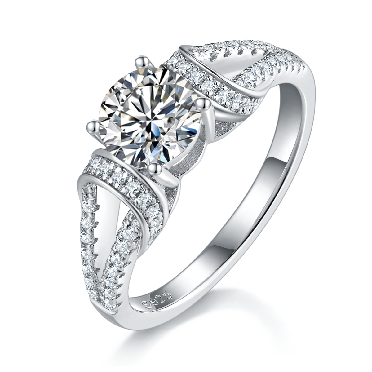轻奢四爪女戒S925银镀白金主副套戒叠戴定制主石莫桑钻1.0ct/副石高碳钻