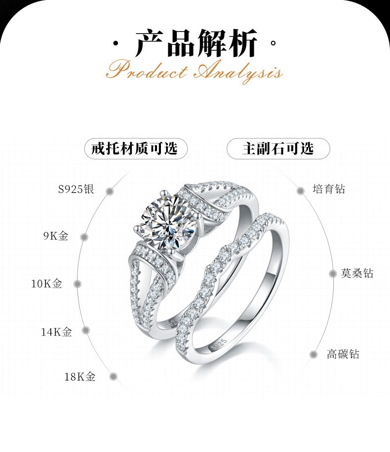 轻奢四爪女戒S925银镀白金主副套戒叠戴定制主石莫桑钻1.0ct/副石高碳钻 - 2