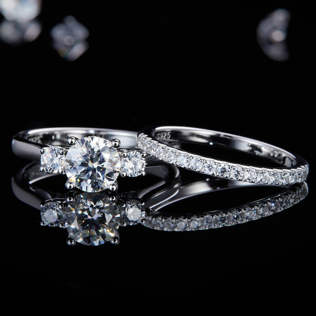 Three Lives Three Generations Women's Ring S925 Silver Plated Platinum Primary and Secondary Set Ring Stacked Customized Main Stone Moissanite  1.0ct/Secondary Stone High Carbon Diamond
