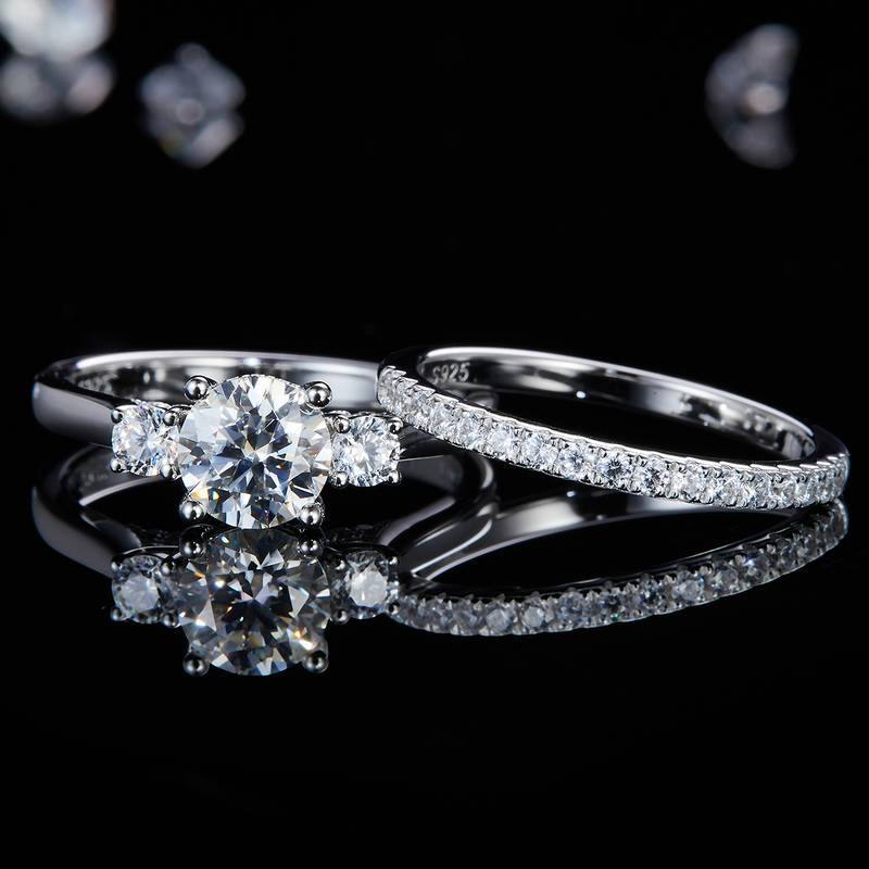 四爪三生三世个性女戒S925银镀白金主副套戒叠戴定制主石莫桑钻1.0ct/副石高碳钻