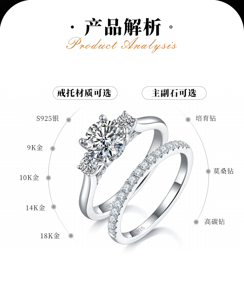 四爪三生三世个性女戒S925银镀白金主副套戒叠戴定制主石莫桑钻1.0ct/副石高碳钻 - 2