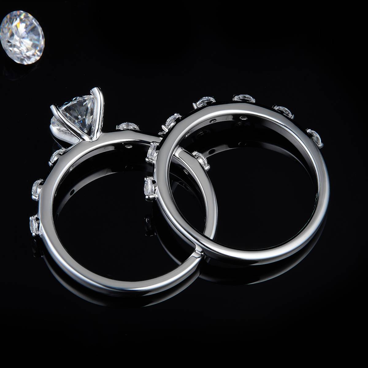 Exquisite and compact women's ring S925 silver plated platinum main and secondary sets, stacked and customized main stone moissanite  1.0ct/secondary stone high carbon diamond