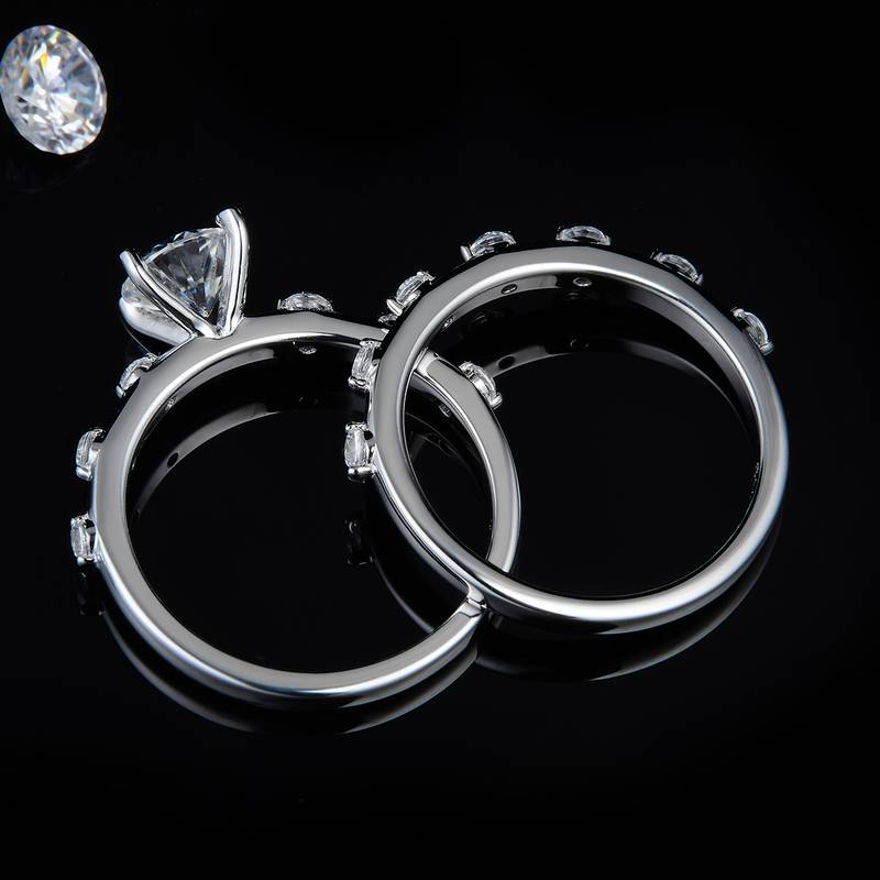 Exquisite and compact women's ring S925 silver plated platinum main and secondary sets, stacked and customized main stone moissanite diamond 1.0ct/secondary stone high carbon diamond