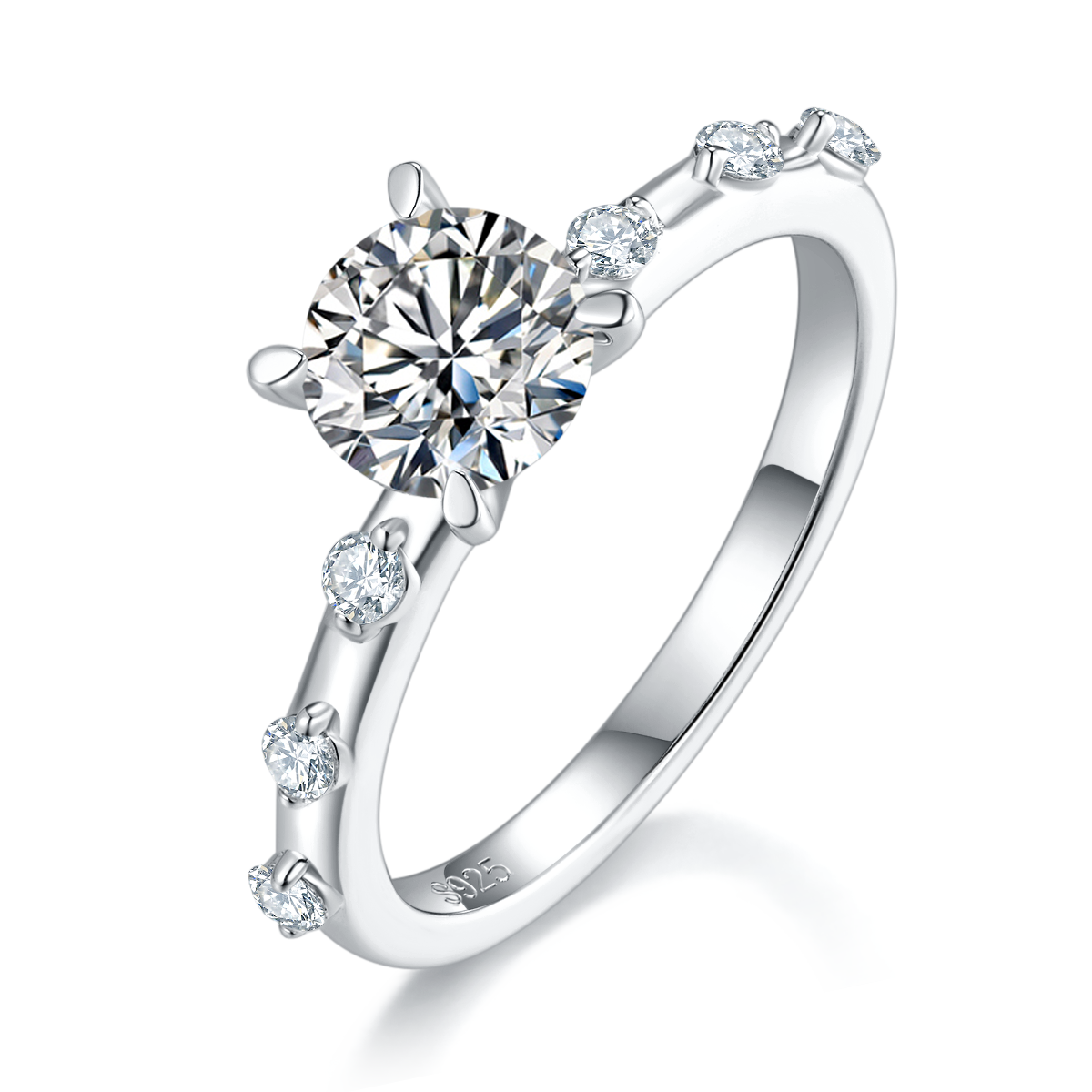 Exquisite and compact women's ring S925 silver plated platinum main and secondary sets, stacked and customized main stone moissanite  1.0ct/secondary stone high carbon diamond