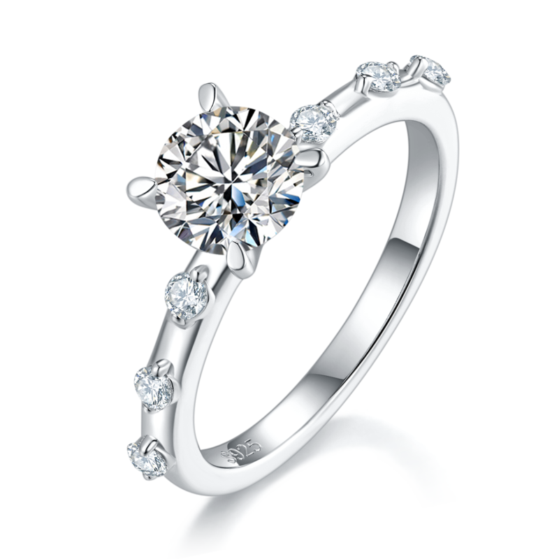 Exquisite and compact women's ring S925 silver plated platinum main and secondary sets, stacked and customized main stone moissanite diamond 1.0ct/secondary stone high carbon diamond