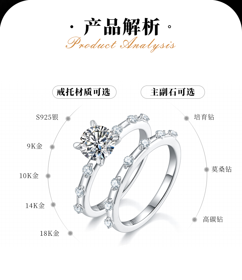 精致小巧闪钻女戒S925银镀白金主副套戒叠戴定制主石莫桑钻1.0ct/副石高碳钻 - 2