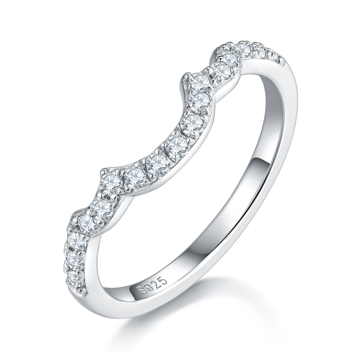 豪镶三石圆包女戒S925银镀白金主副套戒叠戴定制主石莫桑钻1.0ct/副石高碳钻