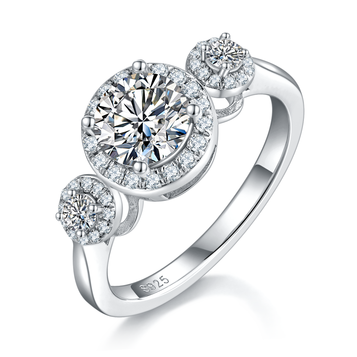 豪镶三石圆包女戒S925银镀白金主副套戒叠戴定制主石莫桑钻1.0ct/副石高碳钻
