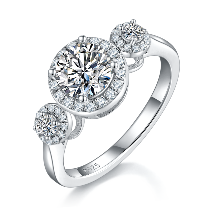 豪镶三石圆包女戒S925银镀白金主副套戒叠戴定制主石莫桑钻1.0ct/副石高碳钻