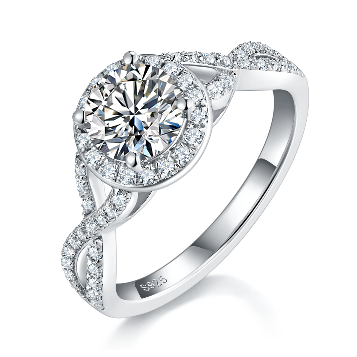 交叉轻奢圆包女戒S925银镀白金主副套戒叠戴定制主石莫桑钻1.0ct/副石高碳钻