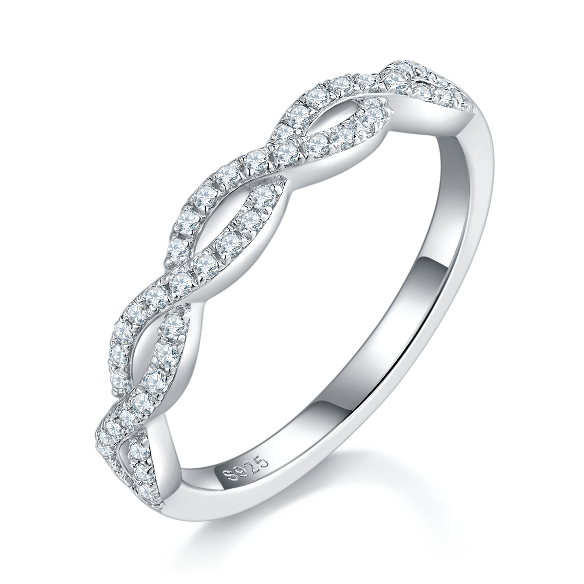 交叉轻奢圆包女戒S925银镀白金主副套戒叠戴定制主石莫桑钻1.0ct/副石高碳钻