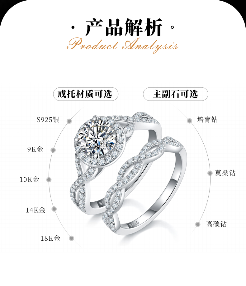 交叉轻奢圆包女戒S925银镀白金主副套戒叠戴定制主石莫桑钻1.0ct/副石高碳钻 - 2